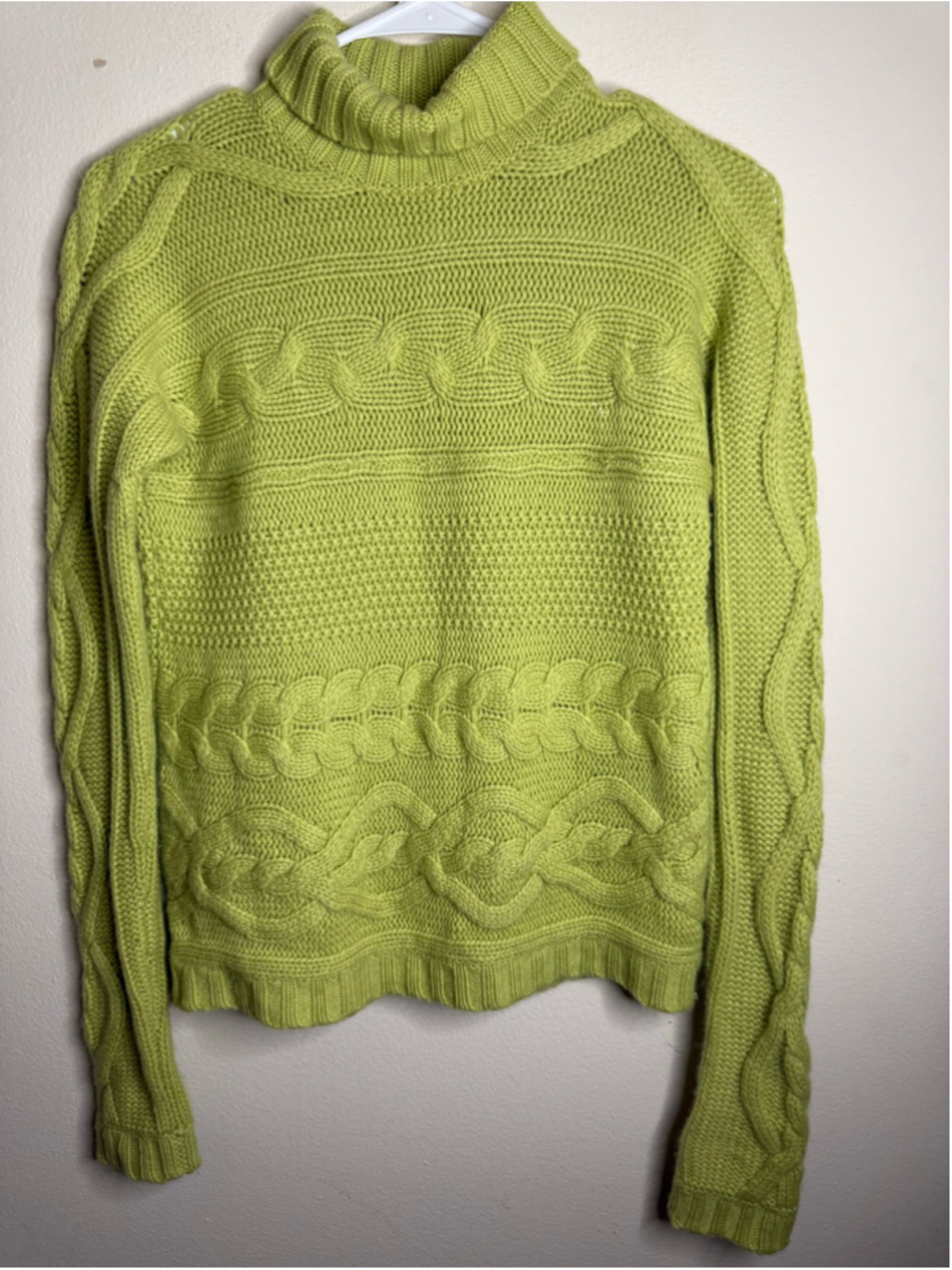 Women's Garnet Hill 100% Cashmere Cable Knit Turtleneck Sweater Green XS